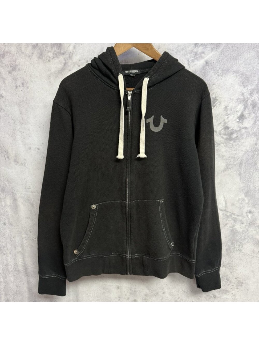 True Religion Black Zip Hoodie with Cream Drawcords